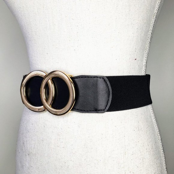 Overlapping Gold Tone Buckle Wide Elastic Belt - Picture 3 of 8